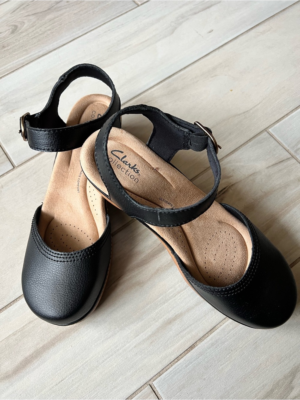 Clarks Black Leather Ankle-Strap Clogs